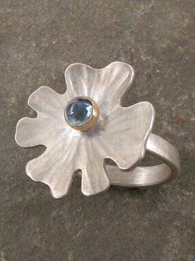 Sterling Silver 925 and 14k Gold Ring with Indicolite Stone, Size 7 1/2.